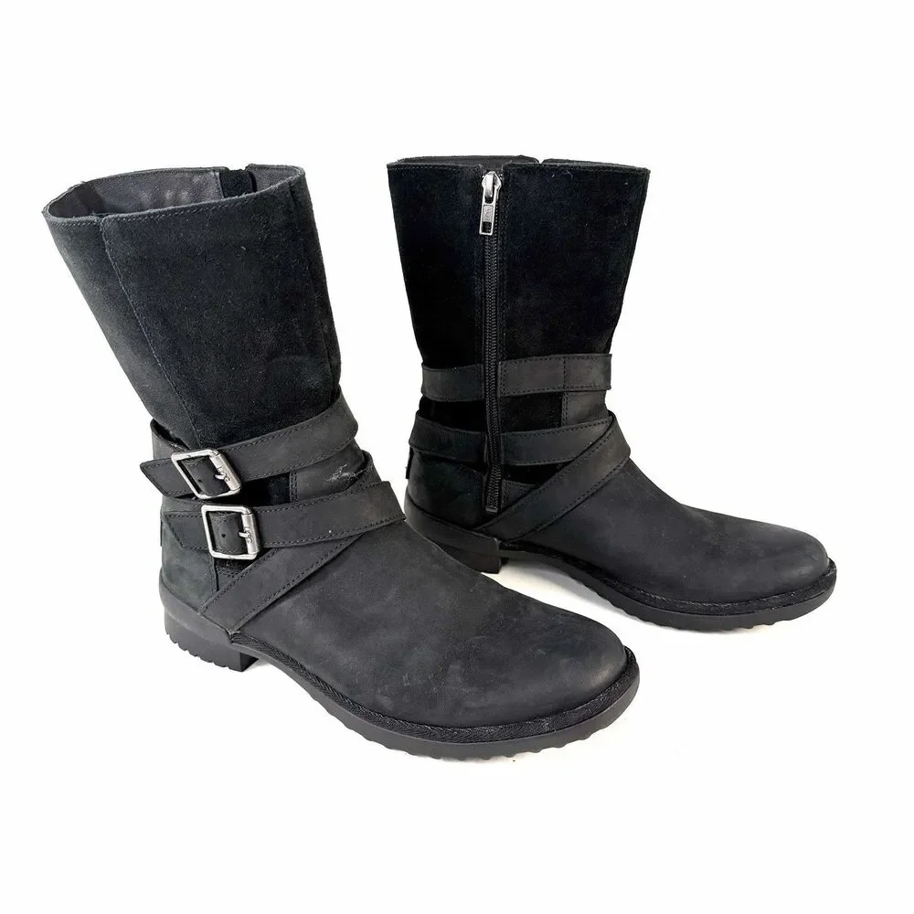 UGG Lorna Black Nubuck Leather Zip Mid Calf Boots Size 7.5 Style 1095155